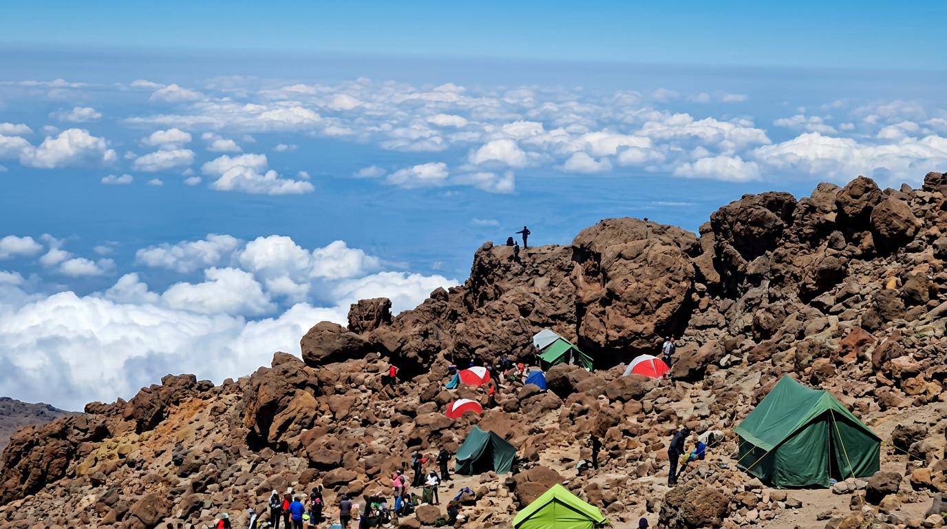 Camp d'altitude sur le Kilimandjaro au-dessus des nuages