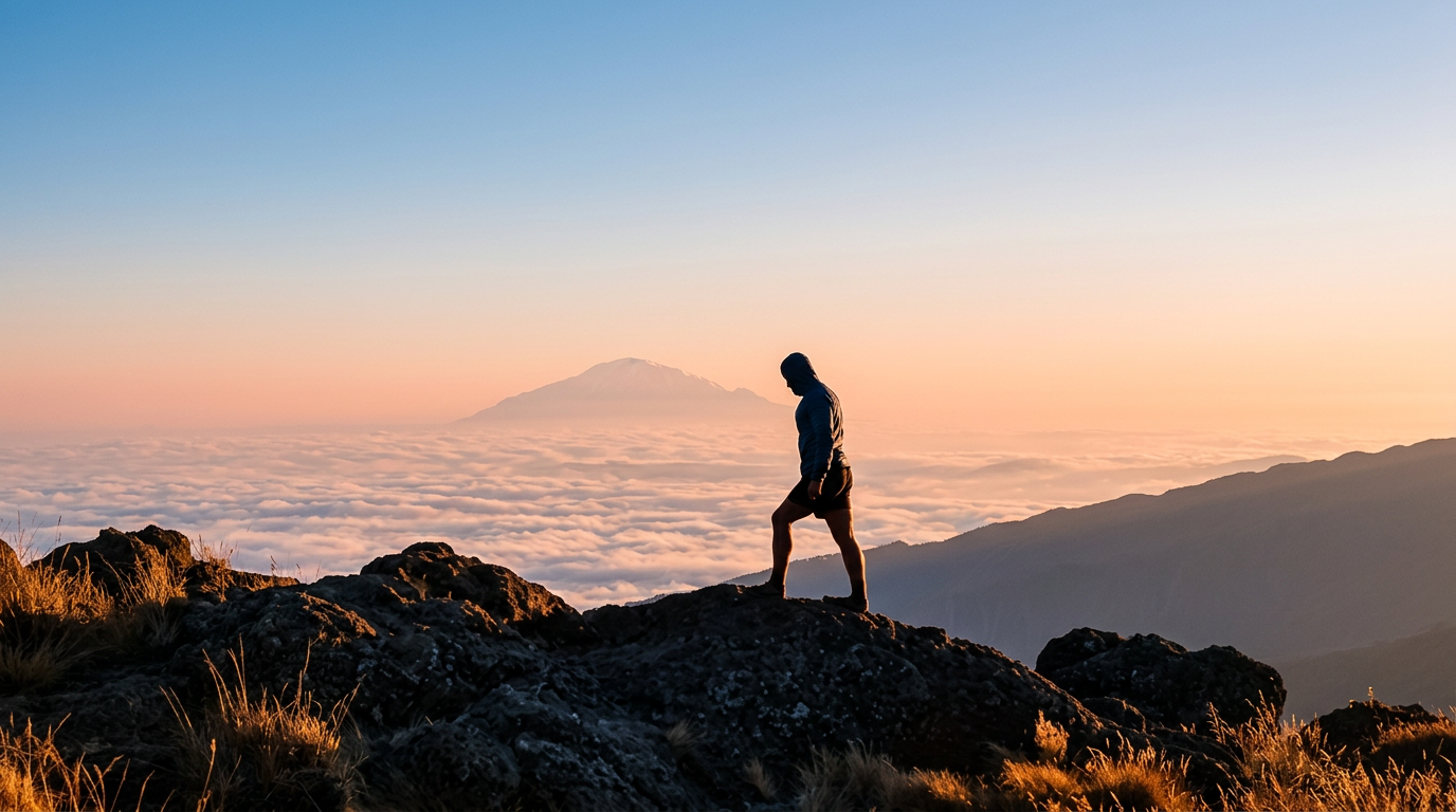 Marche d'approche au lever du jour sur le Kilimandjaro