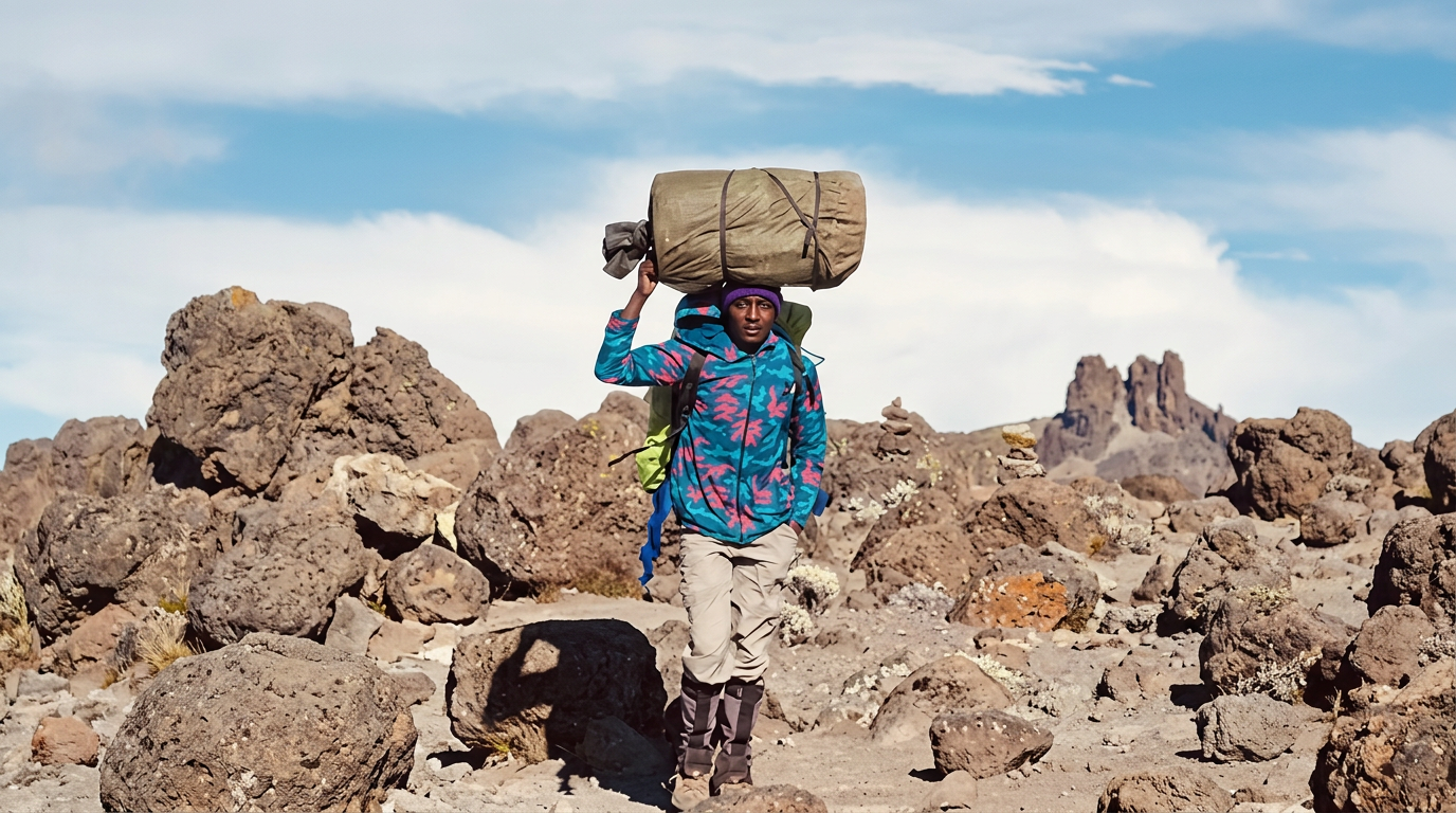 Porteur sur terrain volcanique pendant l'ascension du Kilimandjaro