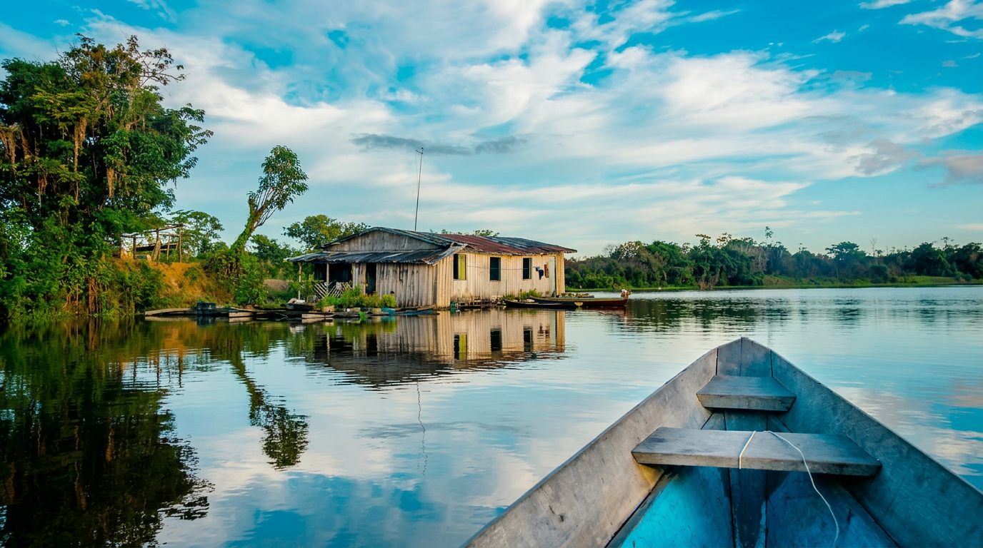 Maison sur l'eau et canoë dans la jungle amazonienne au Pérou