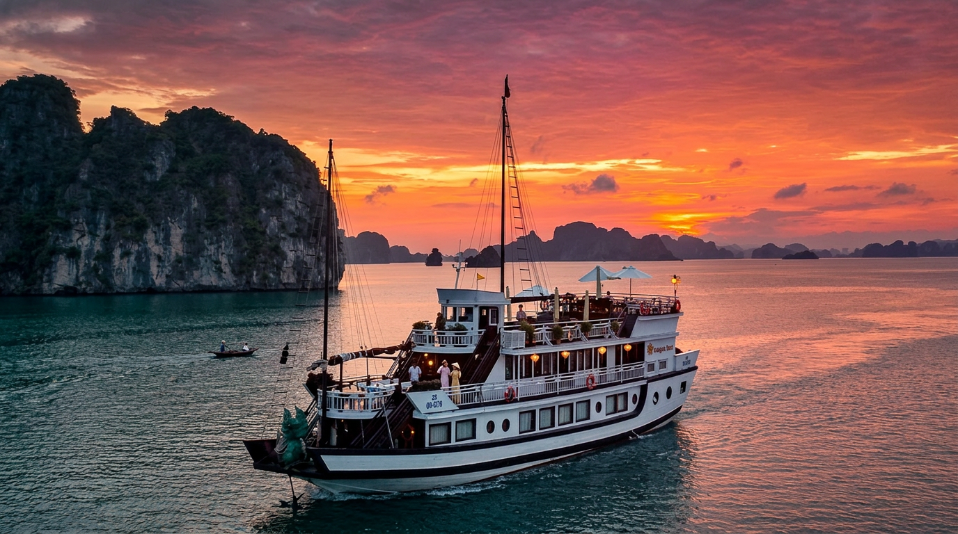 Croisière au coucher du soleil sur la baie d'Halong
