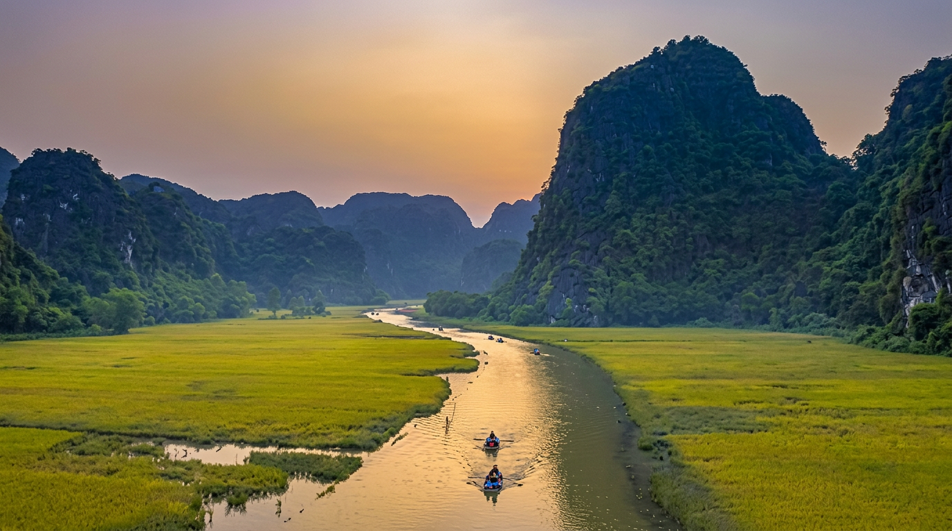 Baie d'Halong terrestre à Ninh Binh au coucher du soleil
