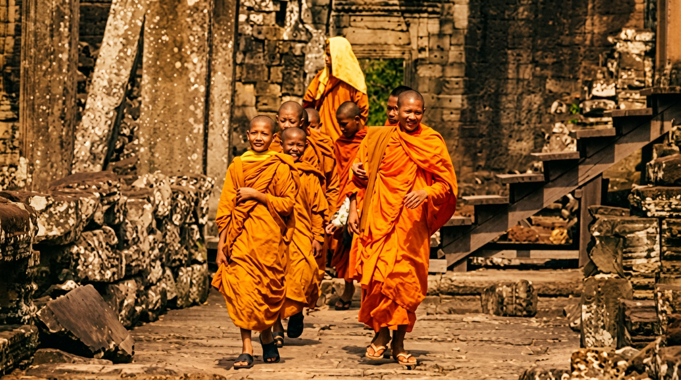 Jeunes moines bouddhistes dans les temples d'Angkor