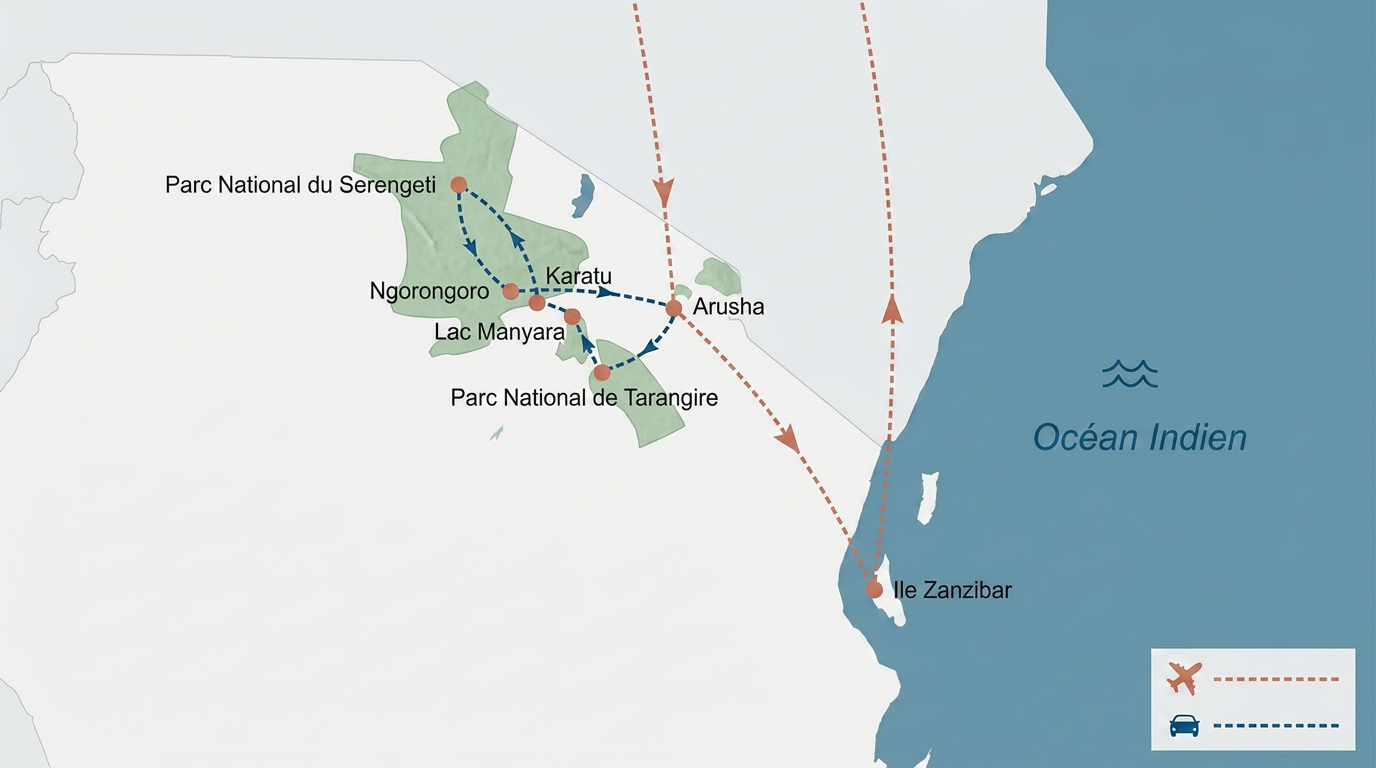 Carte de l'itinéraire Tanzanie - Zanzibar